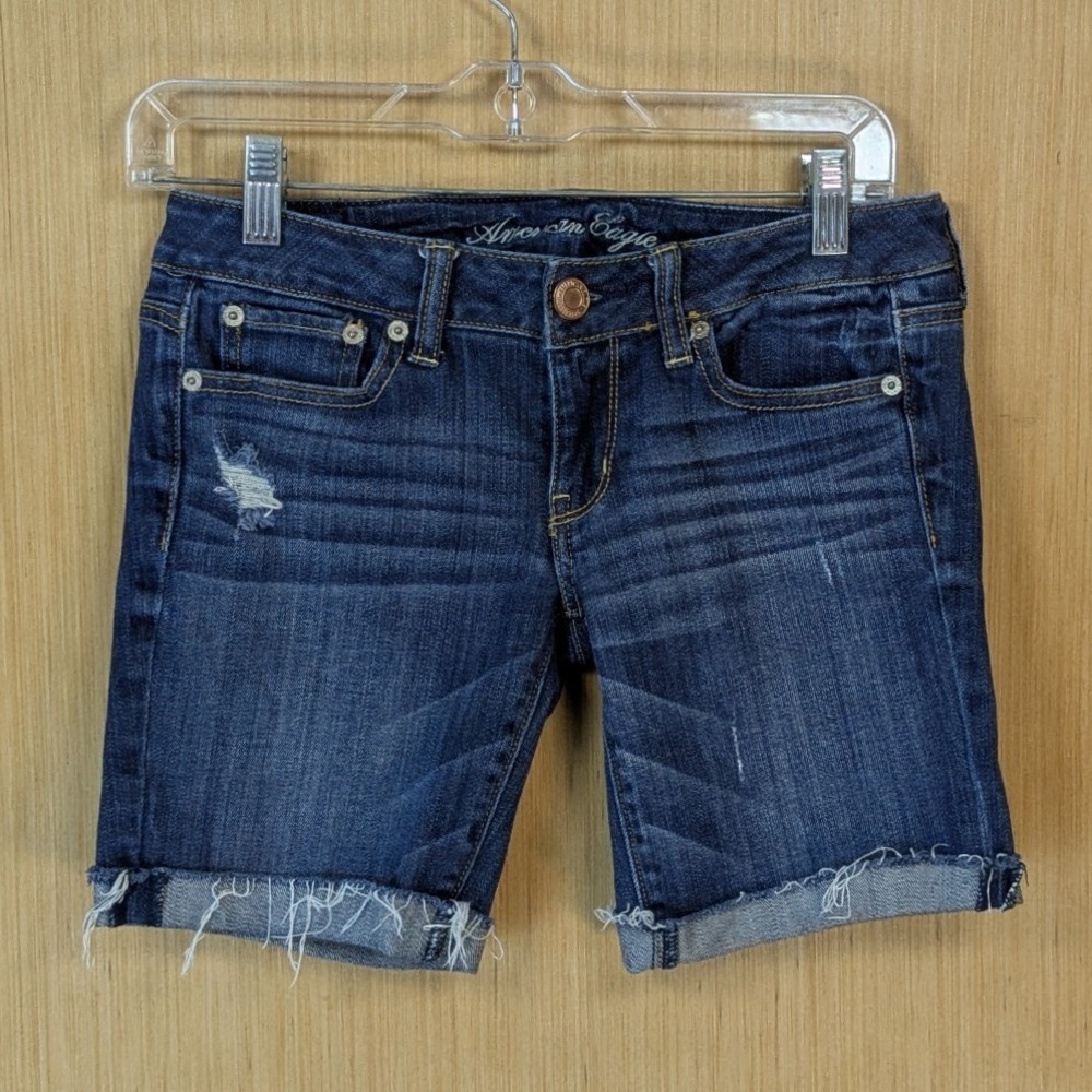 American Eagle Stretch Denim Shorts Twee Low Rise Dark Wash Distressed Womens 2